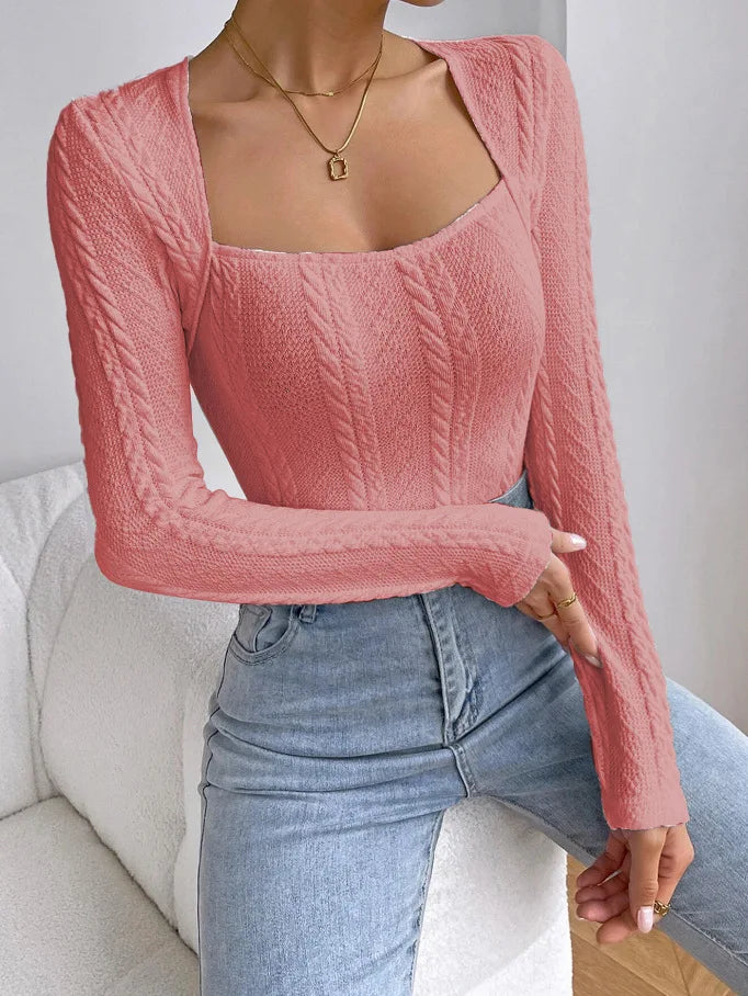 Women's Long Sleeve Knit Bodysuit Fashionable Solid Color Square Neck Slim Fit Jumpsuit Shirts