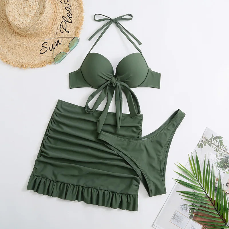 Cikini-Solid Bikini Set, Knot Front Push Up Bra, High Cut Bottom, Ruched Beach Skirt, 3 Piece Bathing Suit
