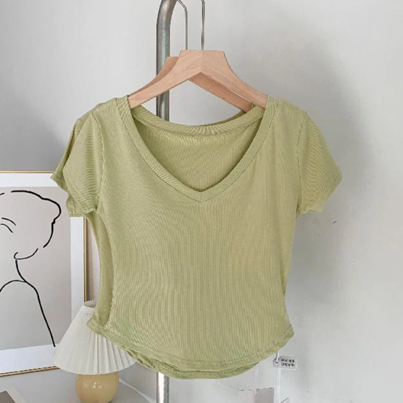 Summer Solid V Neck T Shirts Women Short Sleeve Short Tops Crop Tops Ladies Y2K Tops Tees Female Shirts White Pink