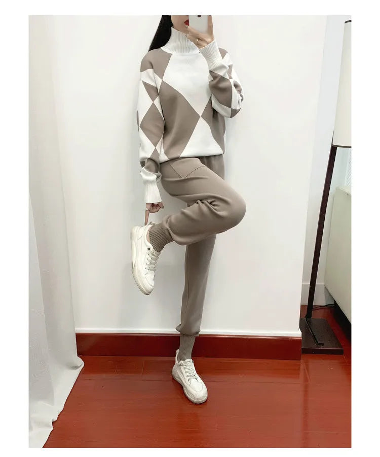 Women's Fashion Knitted Checkered Turtleneck Sweater 2 Piece Autum Winter Casual Lace Up Pocket Knitted Pants Sports Female Suit