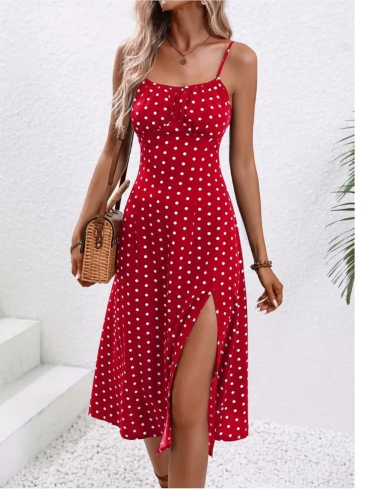 New Summer Sexy Spaghetti Straps Dress Women Fashion Polka Dot Print Sleeveless Slit Dress Boho Casual Beach Midi Dresses