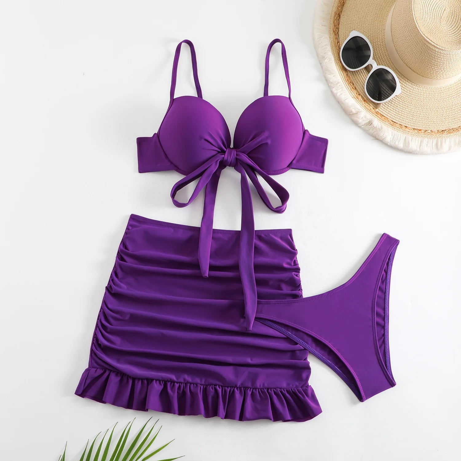 Cikini-Solid Bikini Set, Knot Front Push Up Bra, High Cut Bottom, Ruched Beach Skirt, 3 Piece Bathing Suit