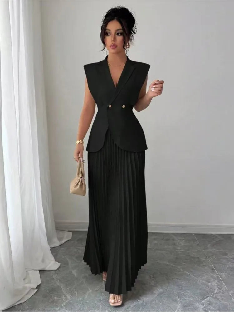 Elegant Women Solid Skirt Two Piece Sets Summer Fashion V-neck Vest Top + Pleated Skirts Temperament Simple Office Lady 2pcs Set