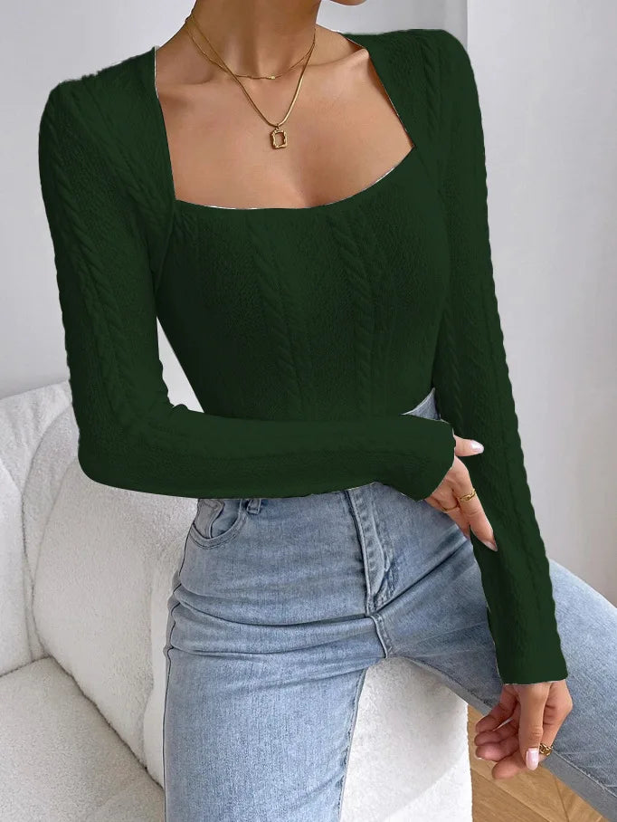 Women's Long Sleeve Knit Bodysuit Fashionable Solid Color Square Neck Slim Fit Jumpsuit Shirts
