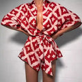 2026 New Autumn Women Loose Casual Print Strap Jumpsuit Red Print Bow Tie Turndown Collar Loose Bodysuit Sexy Outfits Streetwear