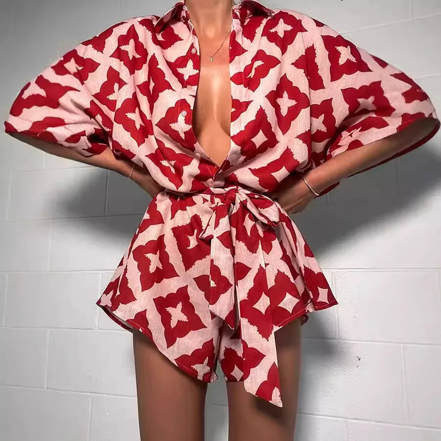 2026 New Autumn Women Loose Casual Print Strap Jumpsuit Red Print Bow Tie Turndown Collar Loose Bodysuit Sexy Outfits Streetwear