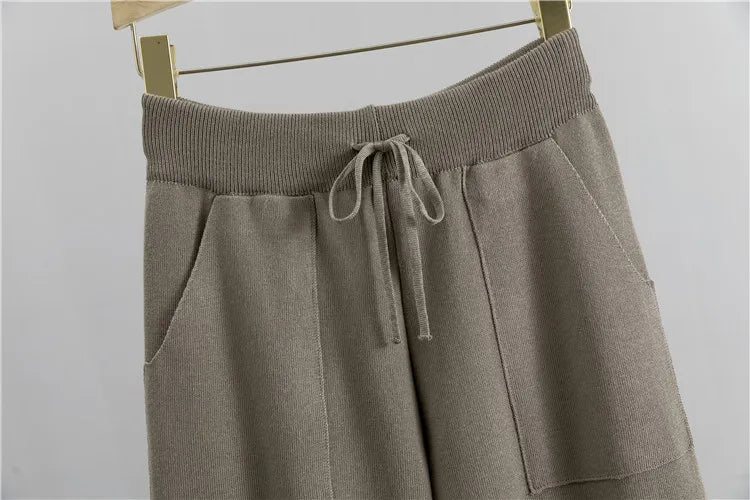 Women's Fashion Knitted Checkered Turtleneck Sweater 2 Piece Autum Winter Casual Lace Up Pocket Knitted Pants Sports Female Suit