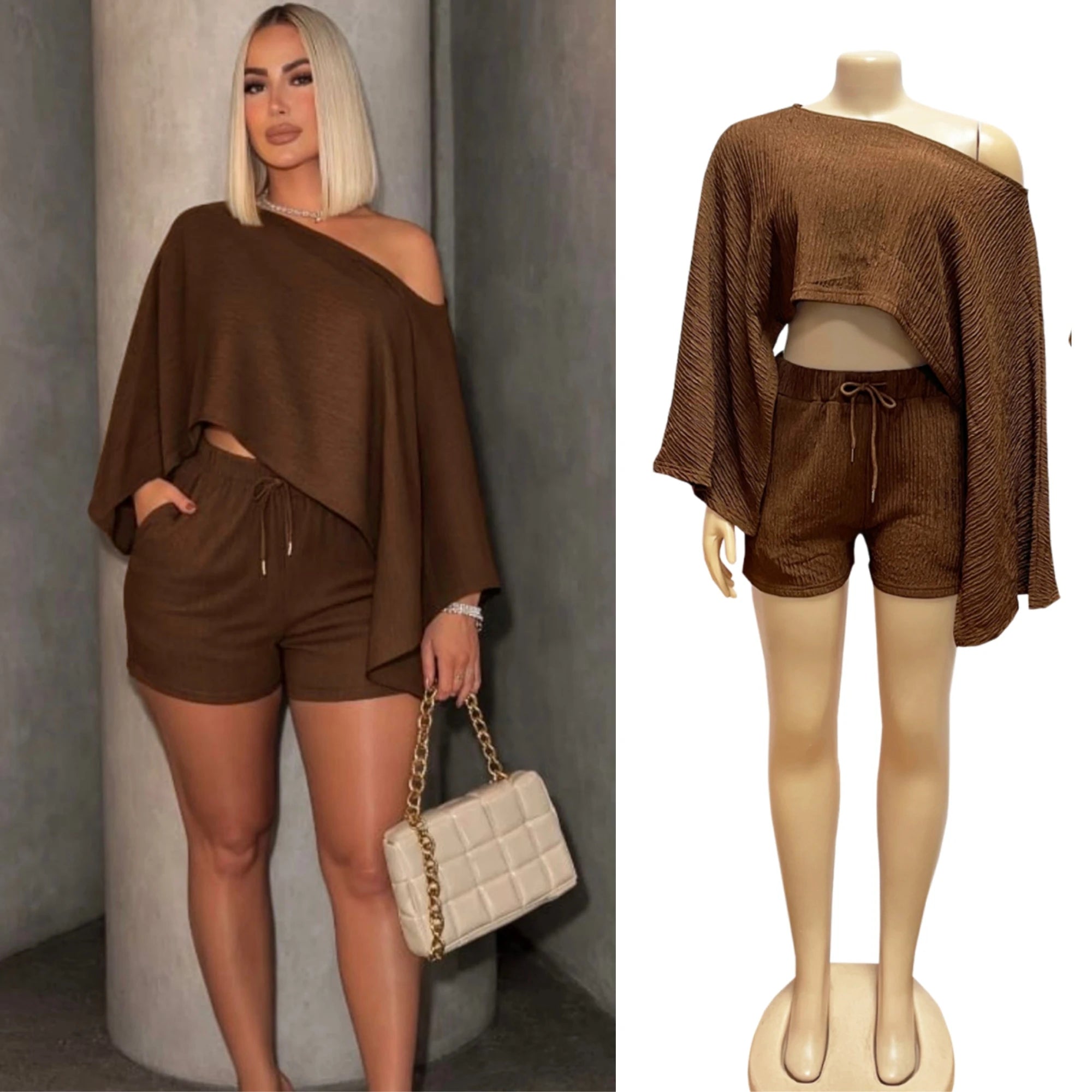 HLJ Elegant Off Showlder Two Piece Outfits Woman Summer One Shoulder Flared Sleeve Loose Crop Top and Skirt Suit Streetwear New