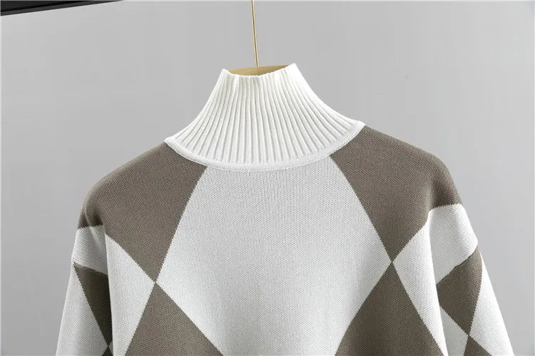 Women's Fashion Knitted Checkered Turtleneck Sweater 2 Piece Autum Winter Casual Lace Up Pocket Knitted Pants Sports Female Suit