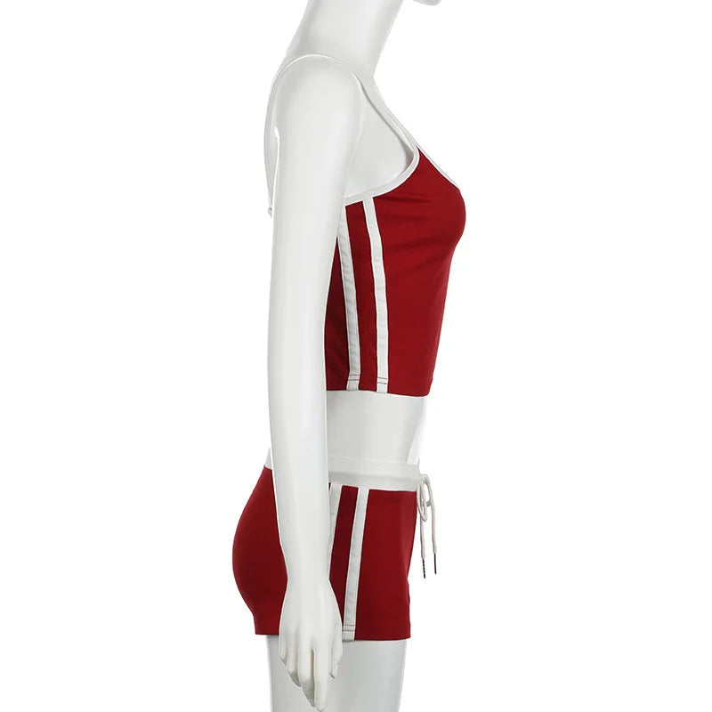 Y2K Women Summer Outfits Set Embroidery Letters Contrast Color Sexy Slim Backless Camisole Tops+Drawstring Elastic Waist Shorts