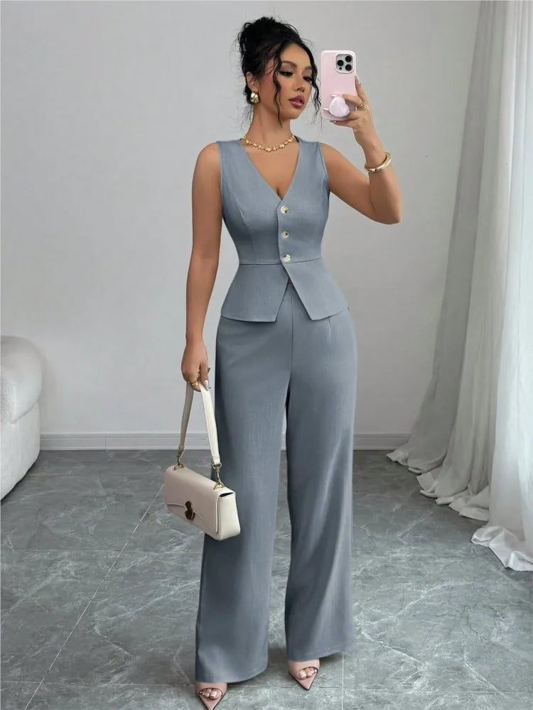 Summer New Solid Color Two Piece Sets Women V-neck Sleeveless Slim Single-breasted Vest Top + Wide-leg Trousers 2-piece Set
