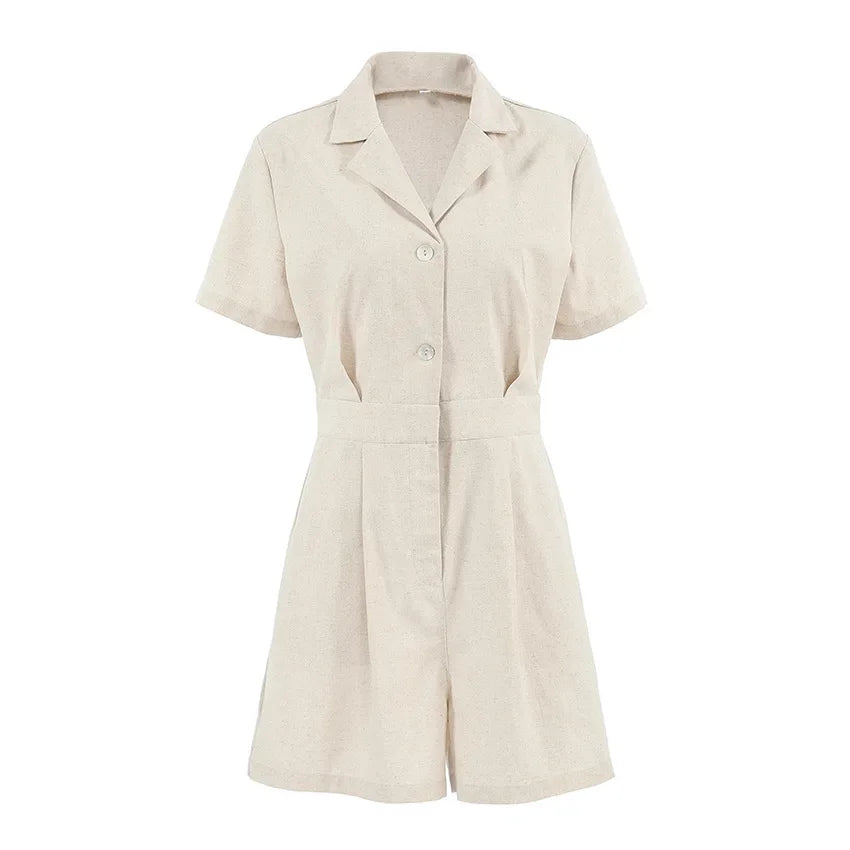 Khaki Linen Waist-cinching Wide-leg Jumpsuit for Women, Short-sleeved Commuting Jumpsuit, Autumn Women's Clothing