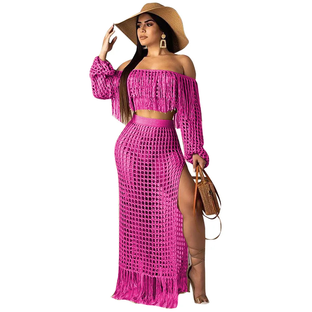 Skirt 2 Piece Set Women Beach Long Skirts Suit Top Off Shoulder Tassels Sexy Hollow Out Ensemble 2026 Summer Female Outfits