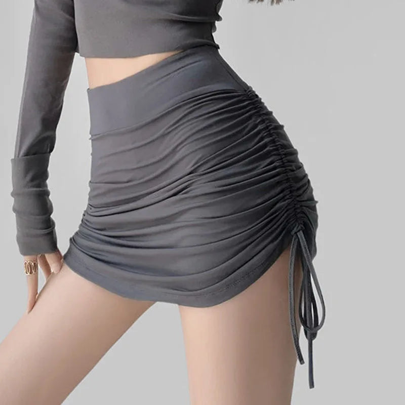 Xpqbb Women Summer Mini Skirts Drawstring Sexy High Waist Wrapped Hip Skirt Female Wild Solid Folds Slim Elastic Shorts Skirts