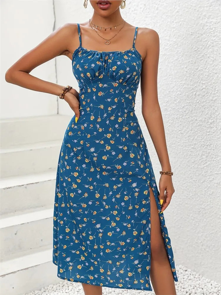New Summer Sexy Spaghetti Straps Dress Women Fashion Polka Dot Print Sleeveless Slit Dress Boho Casual Beach Midi Dresses
