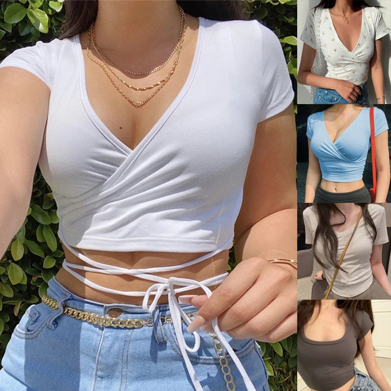 Summer Solid V Neck T Shirts Women Short Sleeve Short Tops Crop Tops Ladies Y2K Tops Tees Female Shirts White Pink