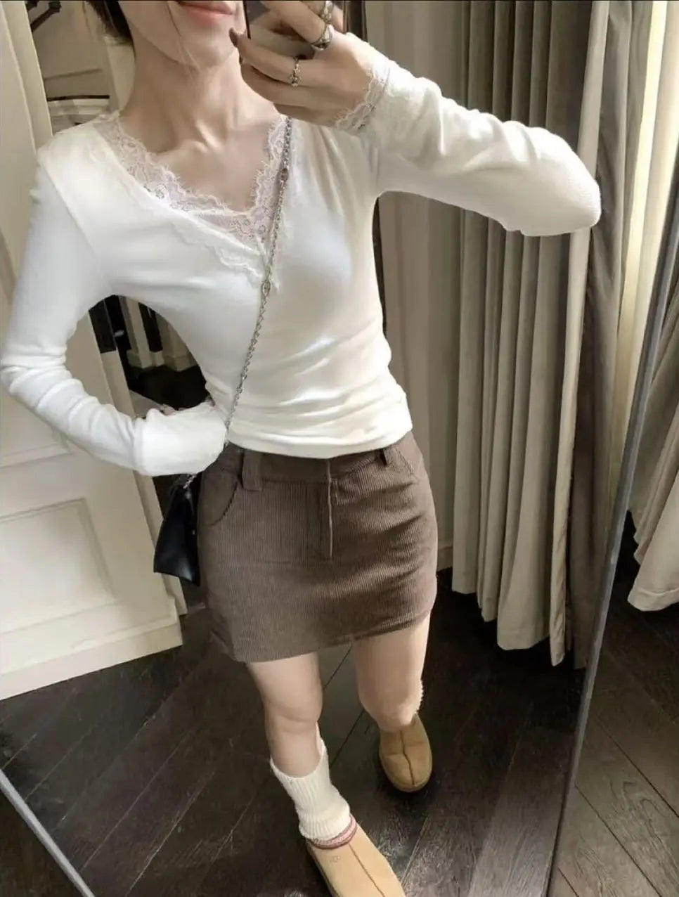 Solid Lace Patchwork Long Sleeve T-shirt Sexy Slim Women Top 2026 Spring Summer New Fashion Korean Style Clothing