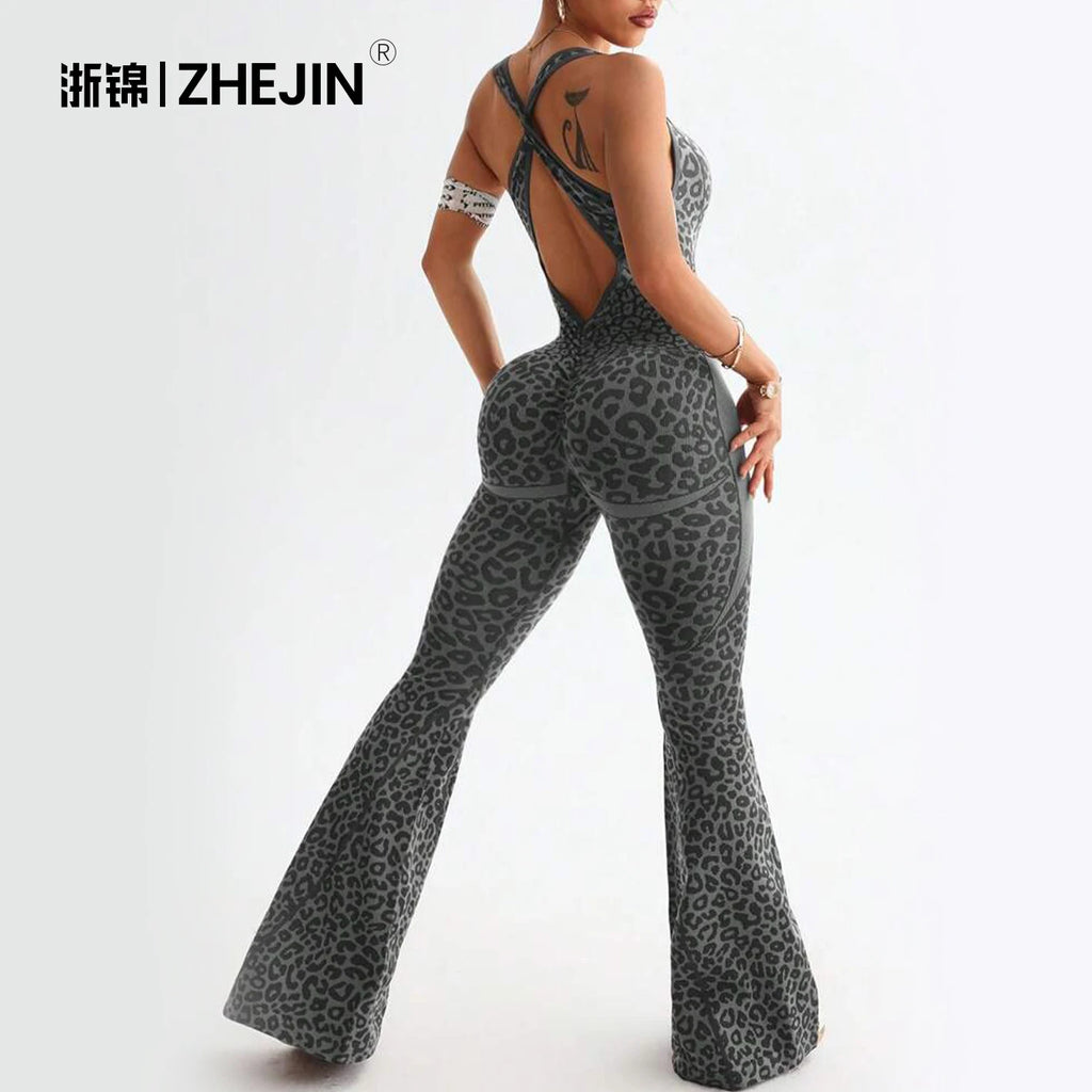 ZHEJIN Leopard Jumpsuit Women Flare Leg Yoga Romper Backless Criss Cross Workout Bodysuit Scrunch Butt Lift Gym Fitness Wear
