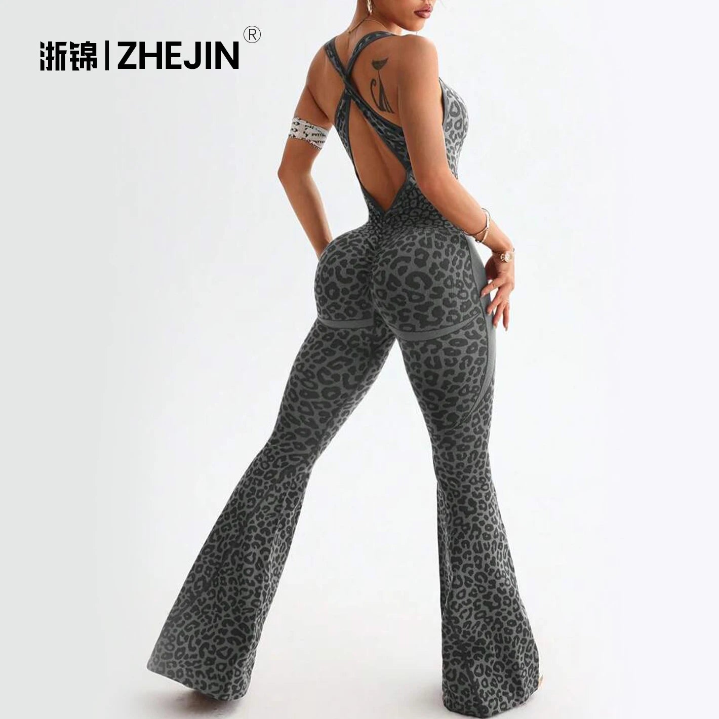 ZHEJIN Leopard Jumpsuit Women Flare Leg Yoga Romper Backless Criss Cross Workout Bodysuit Scrunch Butt Lift Gym Fitness Wear