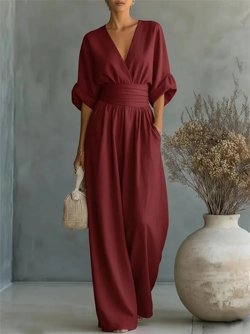 2026 Spring Summer Women Elegant V-neck Jumpsuit Casual Short Sleeve Ruched High Waist Wide Leg Pants Loose Office Lady Romper