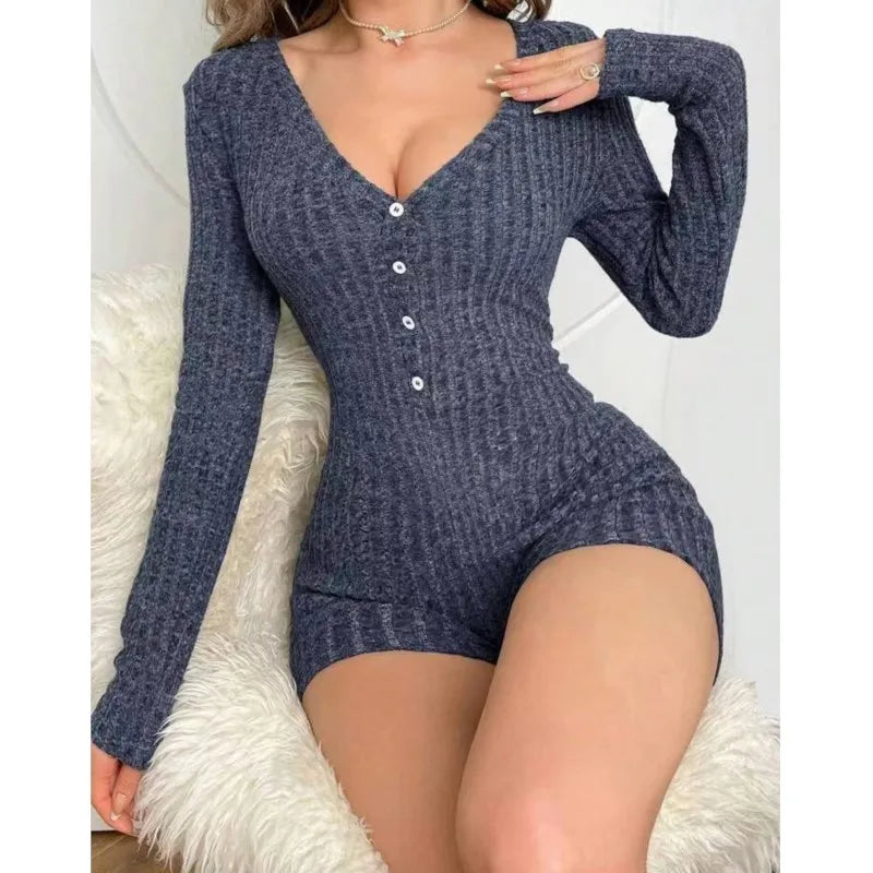 Women's Knitted Playsuit Autumn Fashion Solid Color Button Decoration Design Slim Fit Jumpsuit Ladies Sexy V-neck Chic Romper