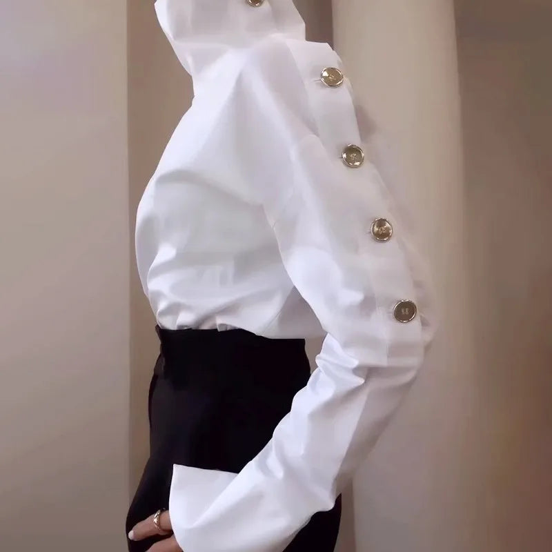 Fashionable And Elegant Women's Pullover Shirt Casual Office Turtleneck Metal Button Slim Body 2025 Spring And Autumn New Style