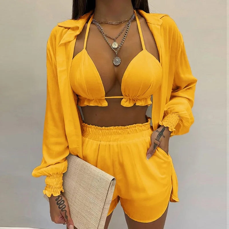 2026 New Bathing Suit Shorts Cover Up Summer Three Pieces Swimwear Sexy Beachwear High Waist Bikini Set Print Women's Swimsuit