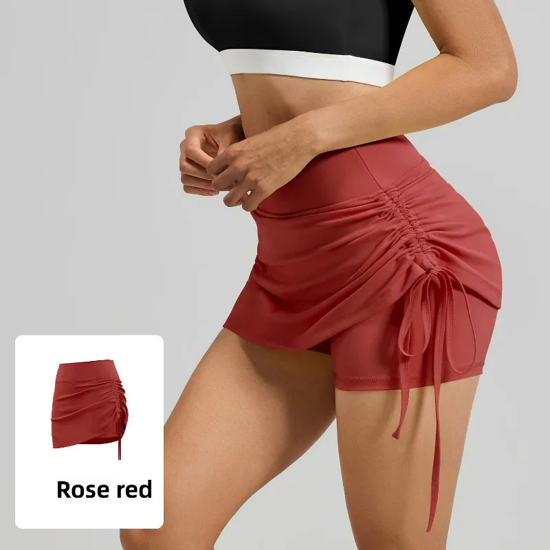 2026 Summer Hot Women's Sports Skirt Anti-running Skirt High Waist Running Shorts Fake Two-piece Yoga Shorts Drawstring Sexy Fit