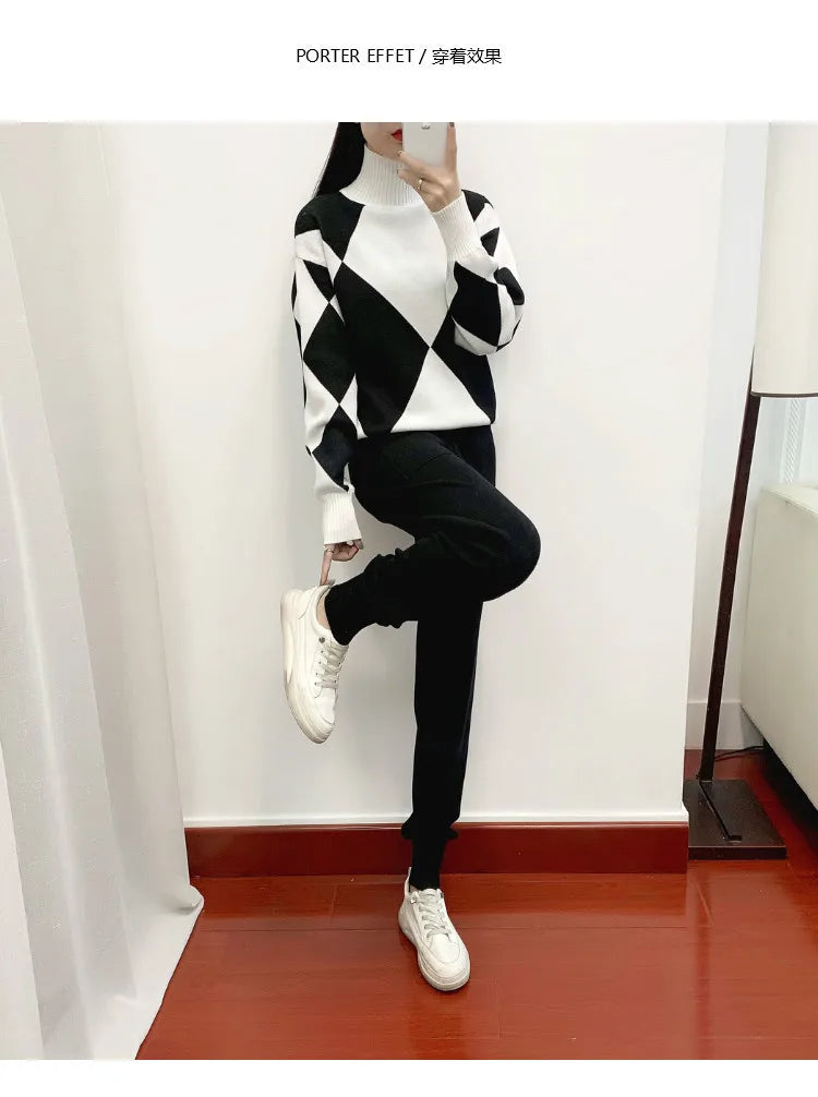 Women's Fashion Knitted Checkered Turtleneck Sweater 2 Piece Autum Winter Casual Lace Up Pocket Knitted Pants Sports Female Suit