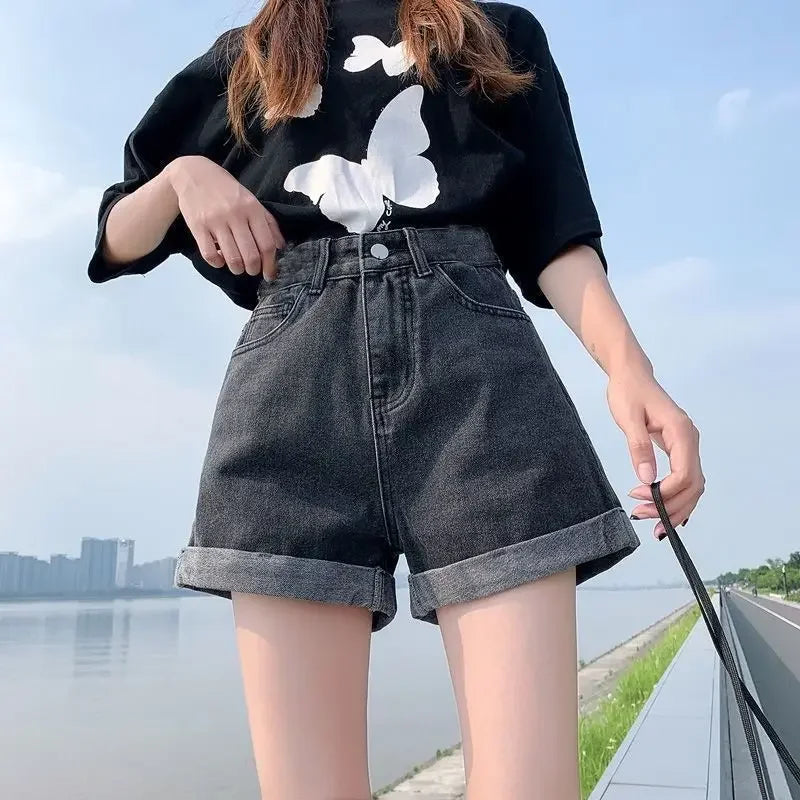 Wide Female Short Jeans Pants Korean Style Women's Denim Shorts With Waist Pocket Design XXL Elegant Low Price Youthful Kpop XL