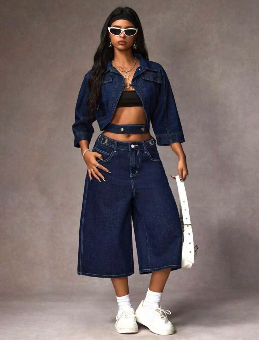 Retro Dark Blue Adjustable Buckle Capri Jeans