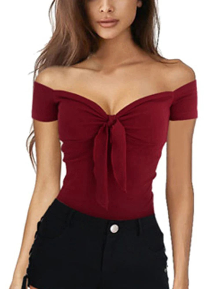 Summer Solid Color Basic Casual Short Sleeve V-neck Off Shoulder Top Sexy Beach Party Slim Fit T-shirts Sweet Style Women's Wear
