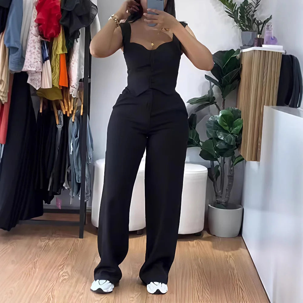 2026 American European New Fashion Women's Elegant Solid Color Trendy 2 Piece Sets Strapeless Suspender Vest Trousers Female