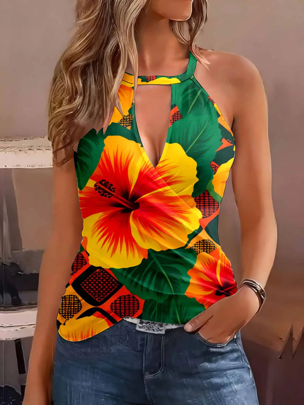 Fashionable Printed V-Neck Camisole Vest Sleeveless Top with Cinched Waist Neck Hanging Design Slimming Vacation Style