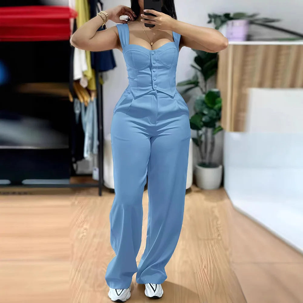 2026 American European New Fashion Women's Elegant Solid Color Trendy 2 Piece Sets Strapeless Suspender Vest Trousers Female