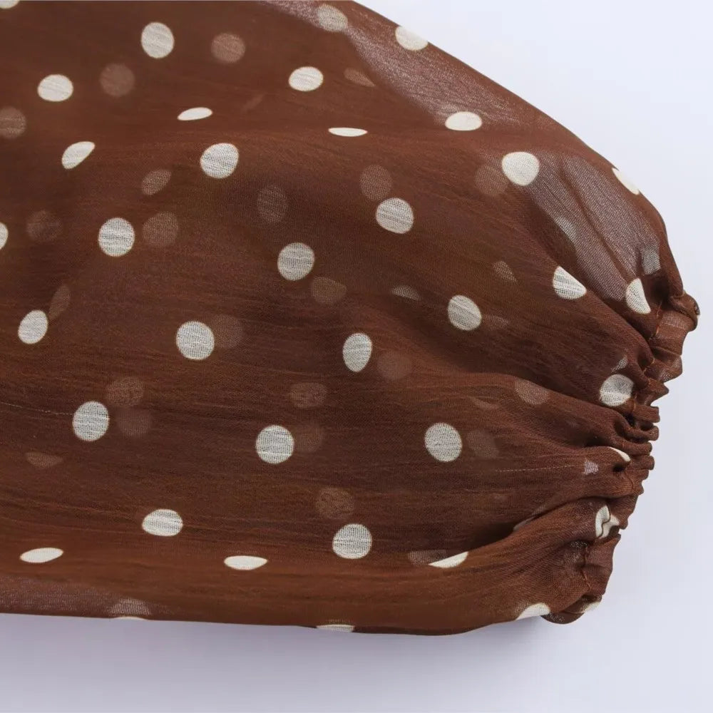 Vintage Brown Polka Dot Print Long Puff Sleeve Chiffon Dress Woman Pleated Front Slim High Waist Ankle Length Dress Robe