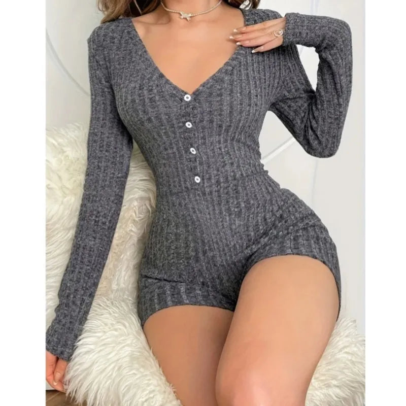 Women's Knitted Playsuit Autumn Fashion Solid Color Button Decoration Design Slim Fit Jumpsuit Ladies Sexy V-neck Chic Romper
