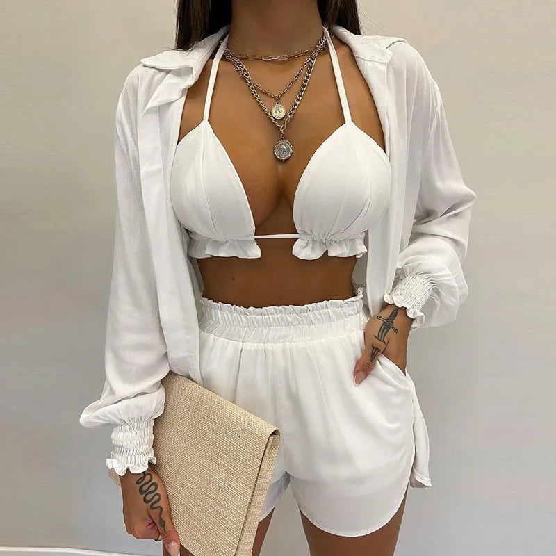2026 New Bathing Suit Shorts Cover Up Summer Three Pieces Swimwear Sexy Beachwear High Waist Bikini Set Print Women's Swimsuit