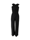 Women's Black Jumpsuit, Deep V Cross Neck, Tie Waist Straight Leg Pants, Elegant Daily Streetwear