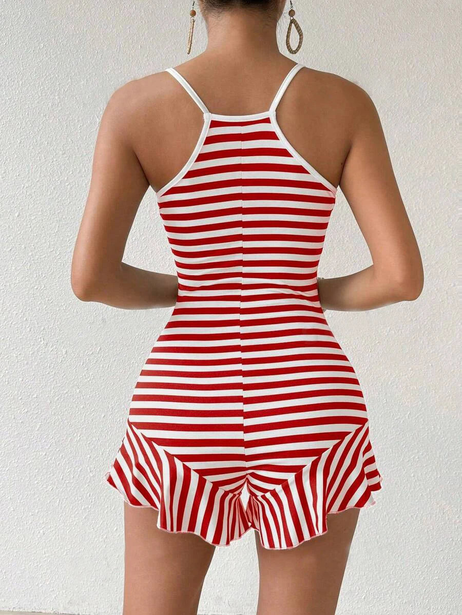 Women Red White Striped Cami Rompers Sleeveless V Neck Flared Hem Short Jumpsuits Summer Casual Bodycon Short Playsuit Female Be