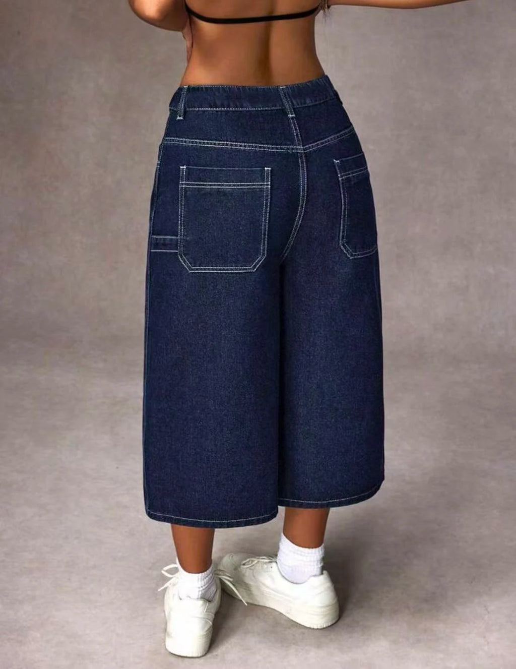 Retro Dark Blue Adjustable Buckle Capri Jeans