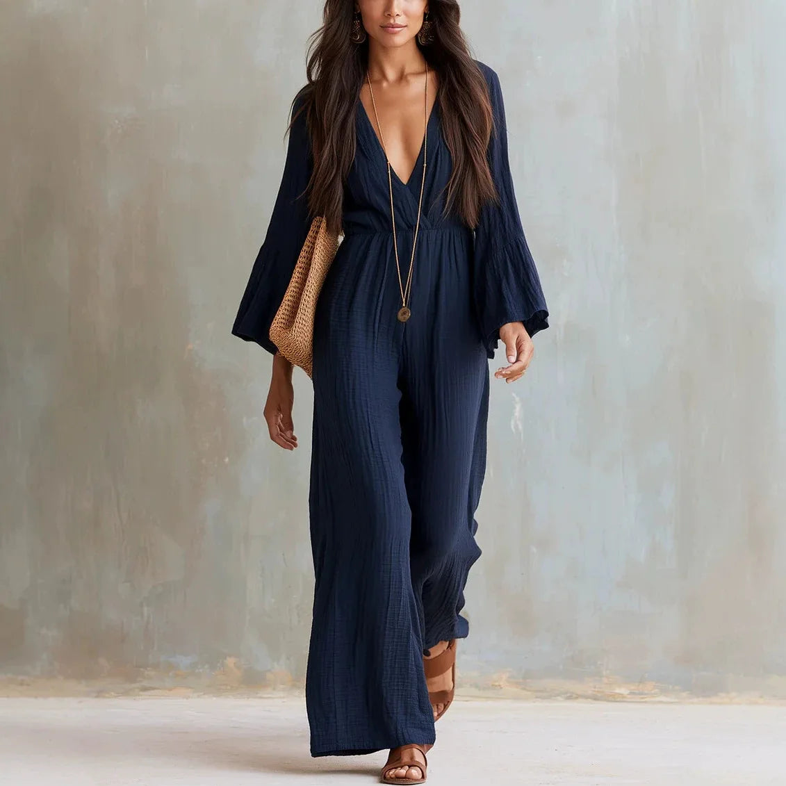 Elegant Solid Color Women's High Waisted Jumpsuit Bohemian Spring Autumn Fashion V-neck Wide Leg Jumpsuits Lady Office Clothing