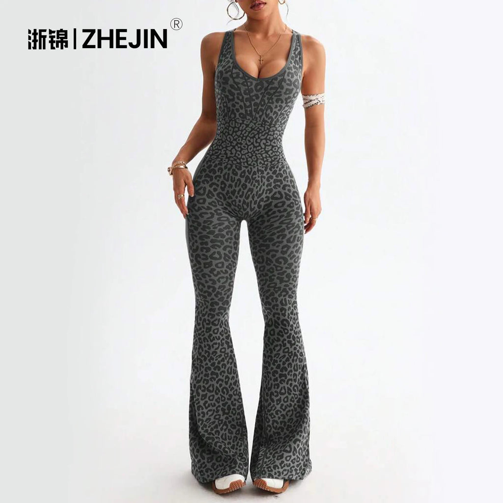 ZHEJIN Leopard Jumpsuit Women Flare Leg Yoga Romper Backless Criss Cross Workout Bodysuit Scrunch Butt Lift Gym Fitness Wear