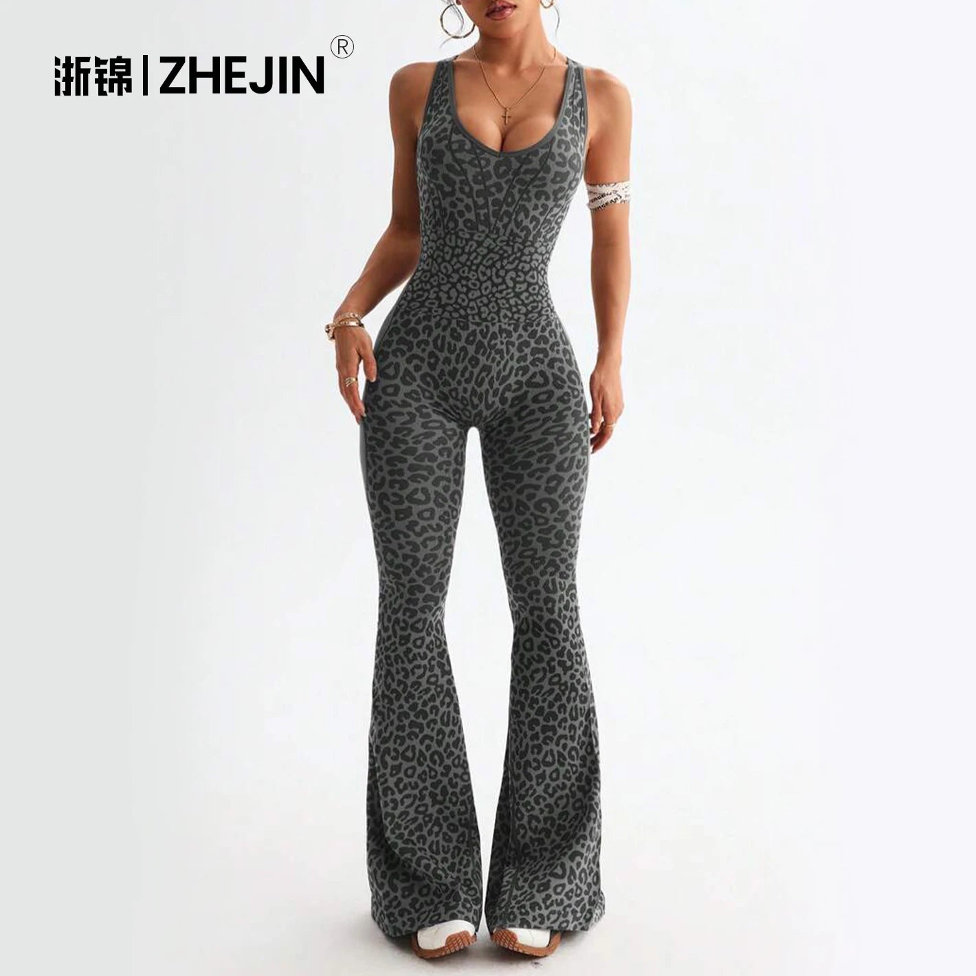 ZHEJIN Leopard Jumpsuit Women Flare Leg Yoga Romper Backless Criss Cross Workout Bodysuit Scrunch Butt Lift Gym Fitness Wear