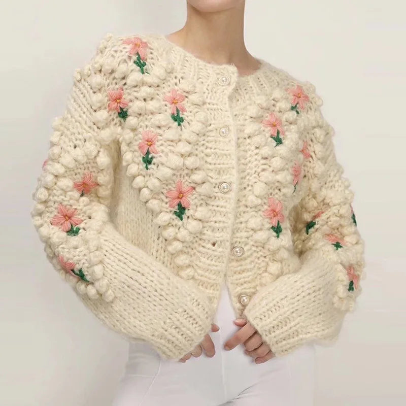 Handmade Embroidery Flower Knitted Coat Women Temperament Elegant Pearl Single-breasted Knitwear Sweater Cardigan Coats Female