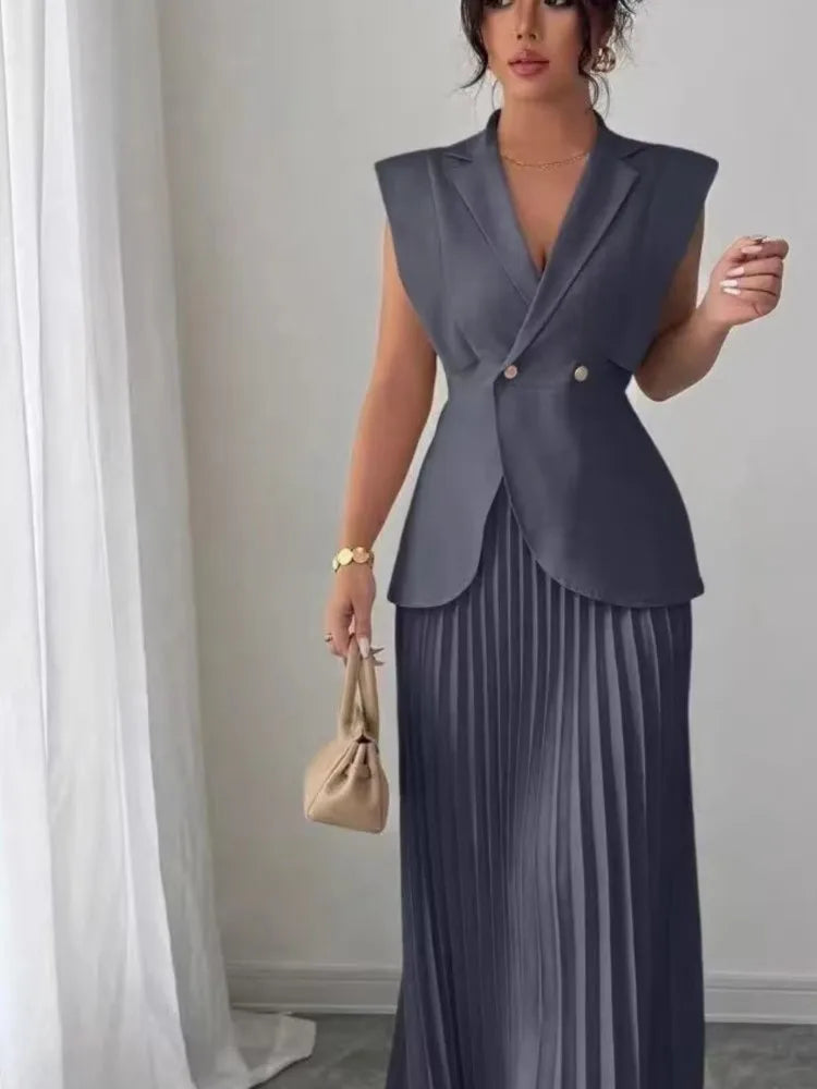 Elegant Women Solid Skirt Two Piece Sets Summer Fashion V-neck Vest Top + Pleated Skirts Temperament Simple Office Lady 2pcs Set