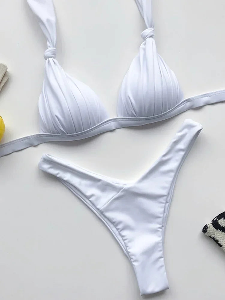 2026 Halter Bra Cup Bikini Sexy Swimsuit Female White Swimwear Women Push up Bikini set Brazilian Bathing Suit Bandeau Swim suit
