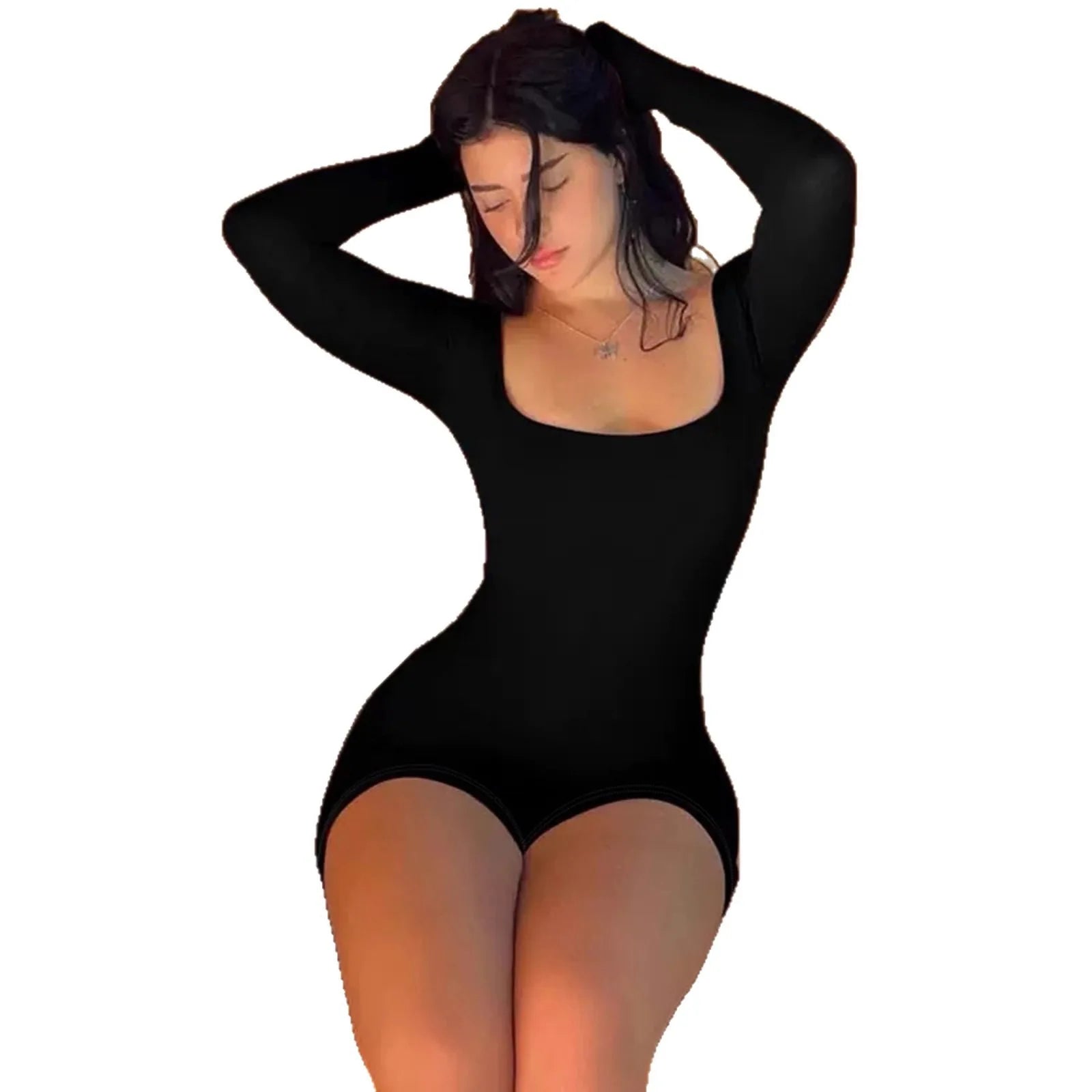 Solid White Long Sleeve Square Neck Bodysuit Women Slim Fit Short Jumpsuit Stretchy Basic Workout Clubwear Rompers