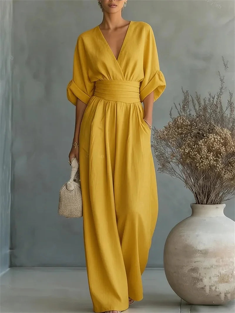 2026 Spring Summer Women Elegant V-neck Jumpsuit Casual Short Sleeve Ruched High Waist Wide Leg Pants Loose Office Lady Romper