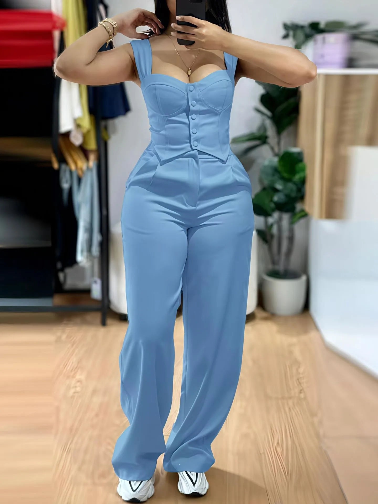 2026 American European New Fashion Women's Elegant Solid Color Trendy 2 Piece Sets Strapeless Suspender Vest Trousers Female